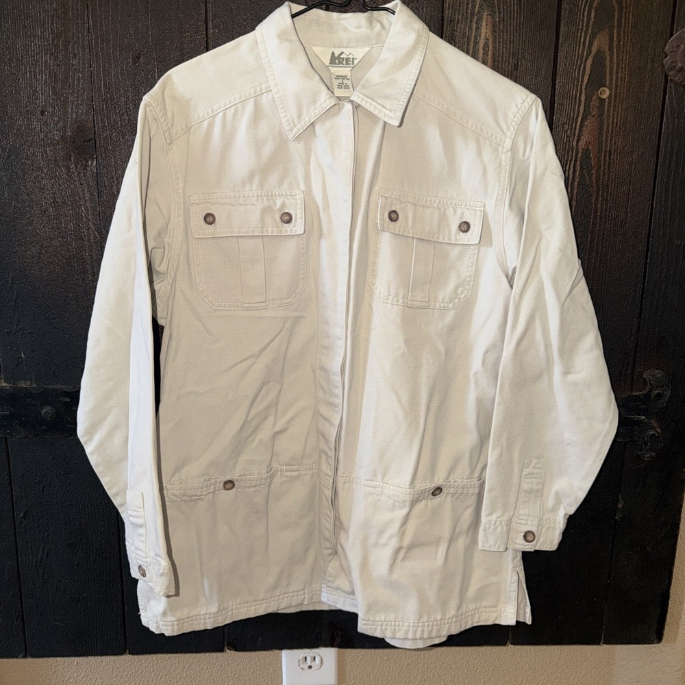 Vintage Khaki beige REI Utility Jacket Womens Size Small 4 Front Cargo Pockets Q